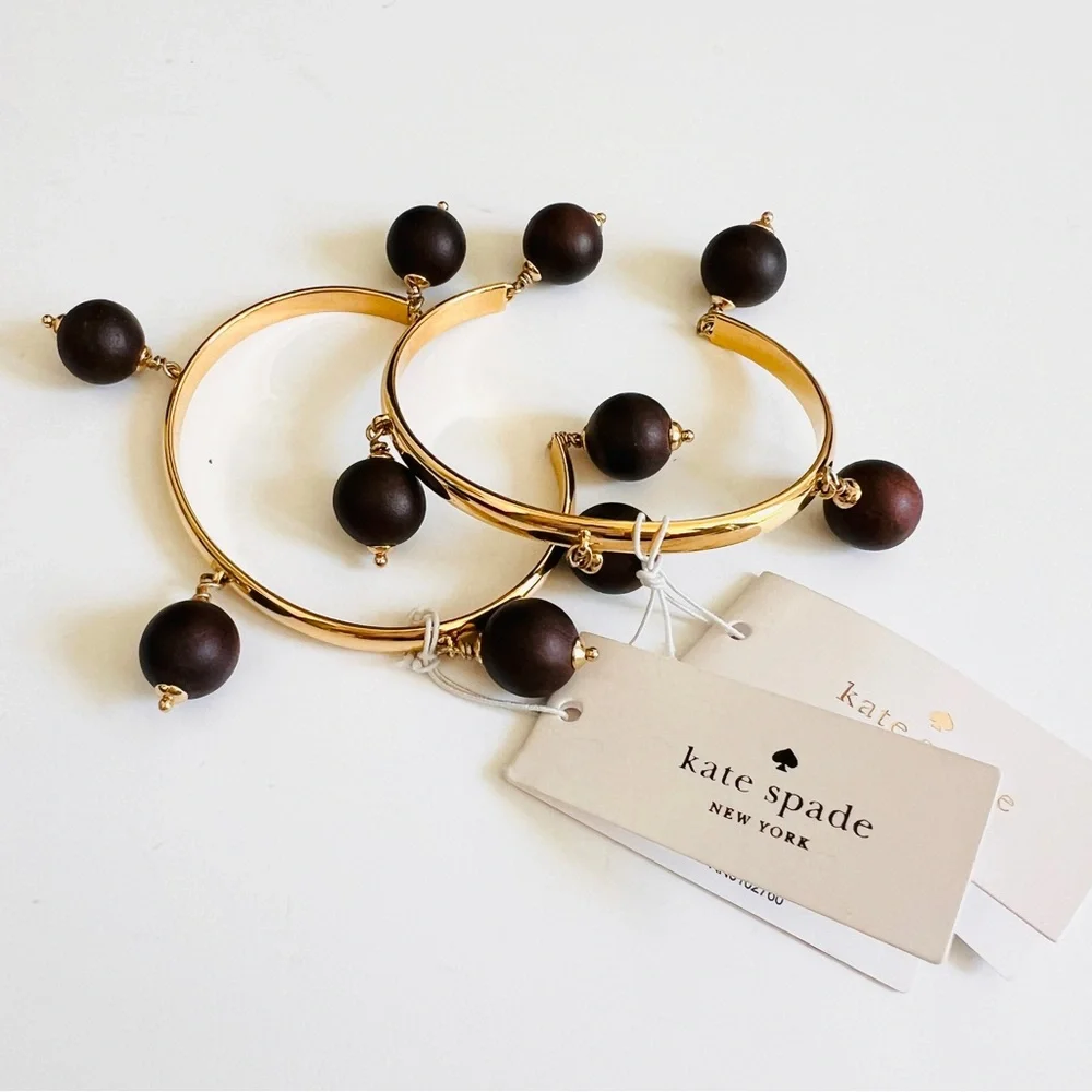 KATE SPADE Set of 2 Gold Cuffs with Wood Beads Second Nature Bracelet - Picture 3 of 12